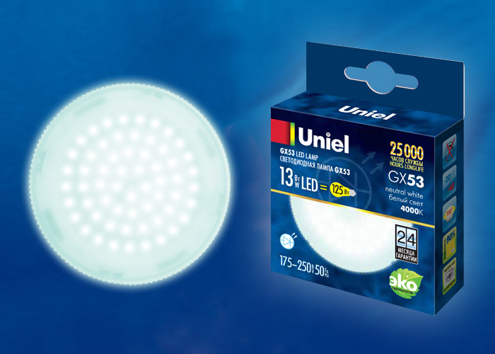 LED-GX53-13W/NW/GX53/FR PLZ01WH Лампа светодиодная, матовая. Белый свет (4000K). Картон. ТМ Uniel LED-GX53-13W/NW/GX53/FR PLZ01WH Лампа светодиодная, матовая. Белый свет (4000K). Картон. ТМ Uniel