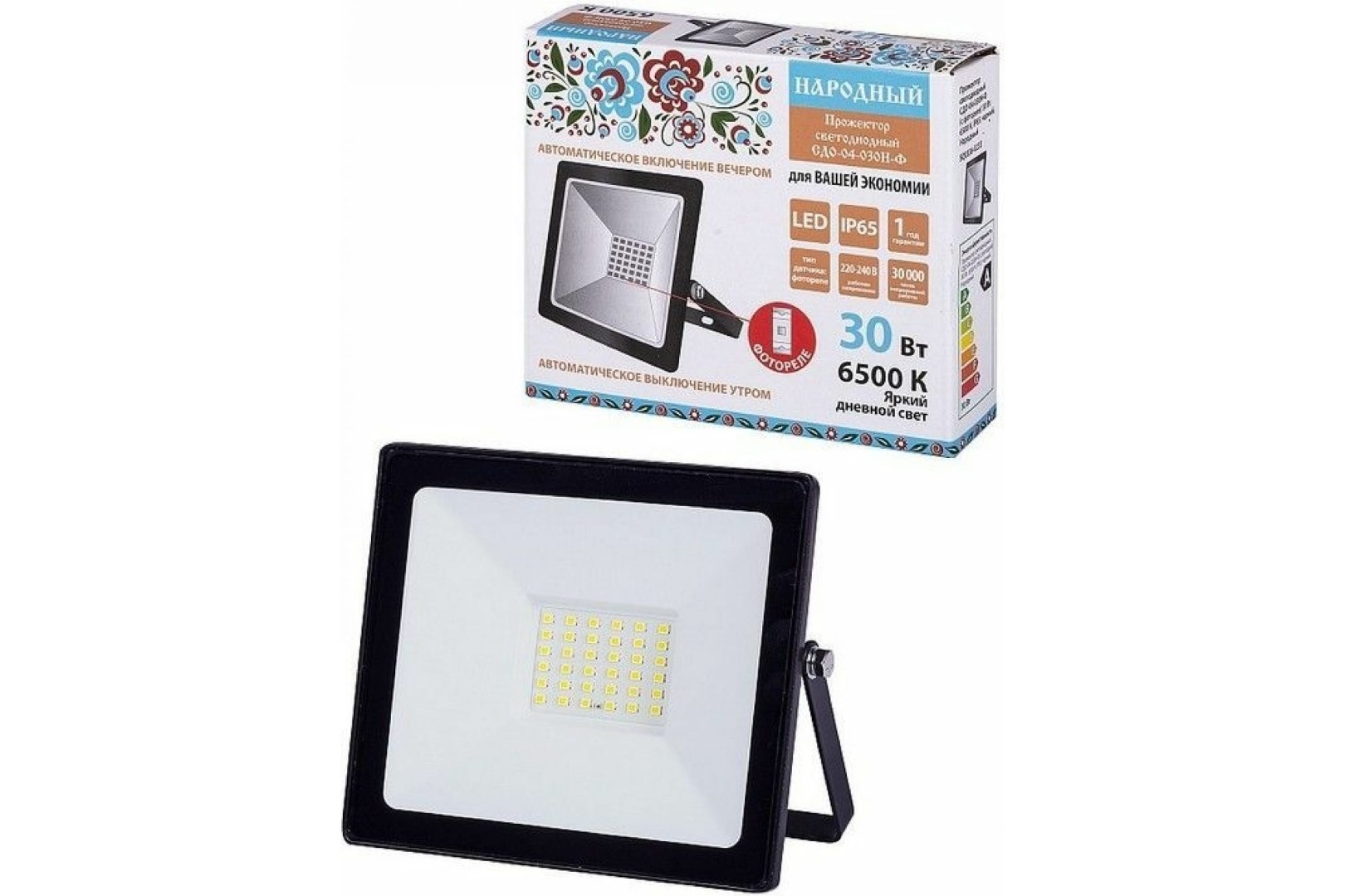 Прожектор светодиодный СДО-04-030Н-Ф (с фотореле) 30 Вт, 6500 К, IP65, черный, Народный