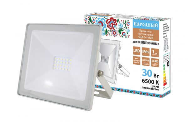 Прожектор светодиодный СДО-04-030Н 30 Вт, 6500 К, IP65, белый, Народный